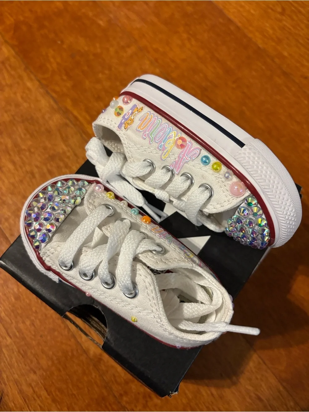 Converse Kids White Canvas Sneakers with Iridescent Rhinestone Toes